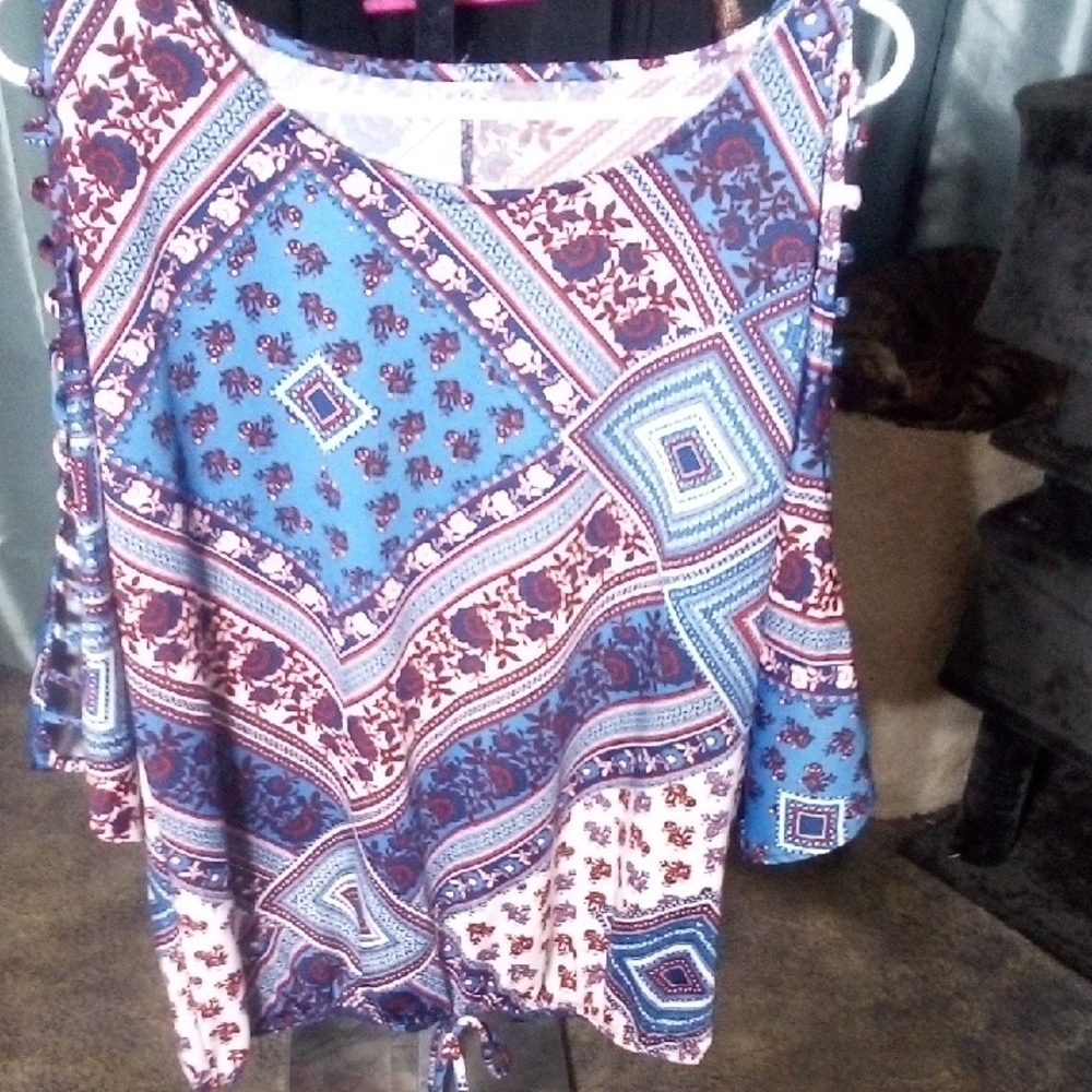 Blue and Red Patterned Women's Top